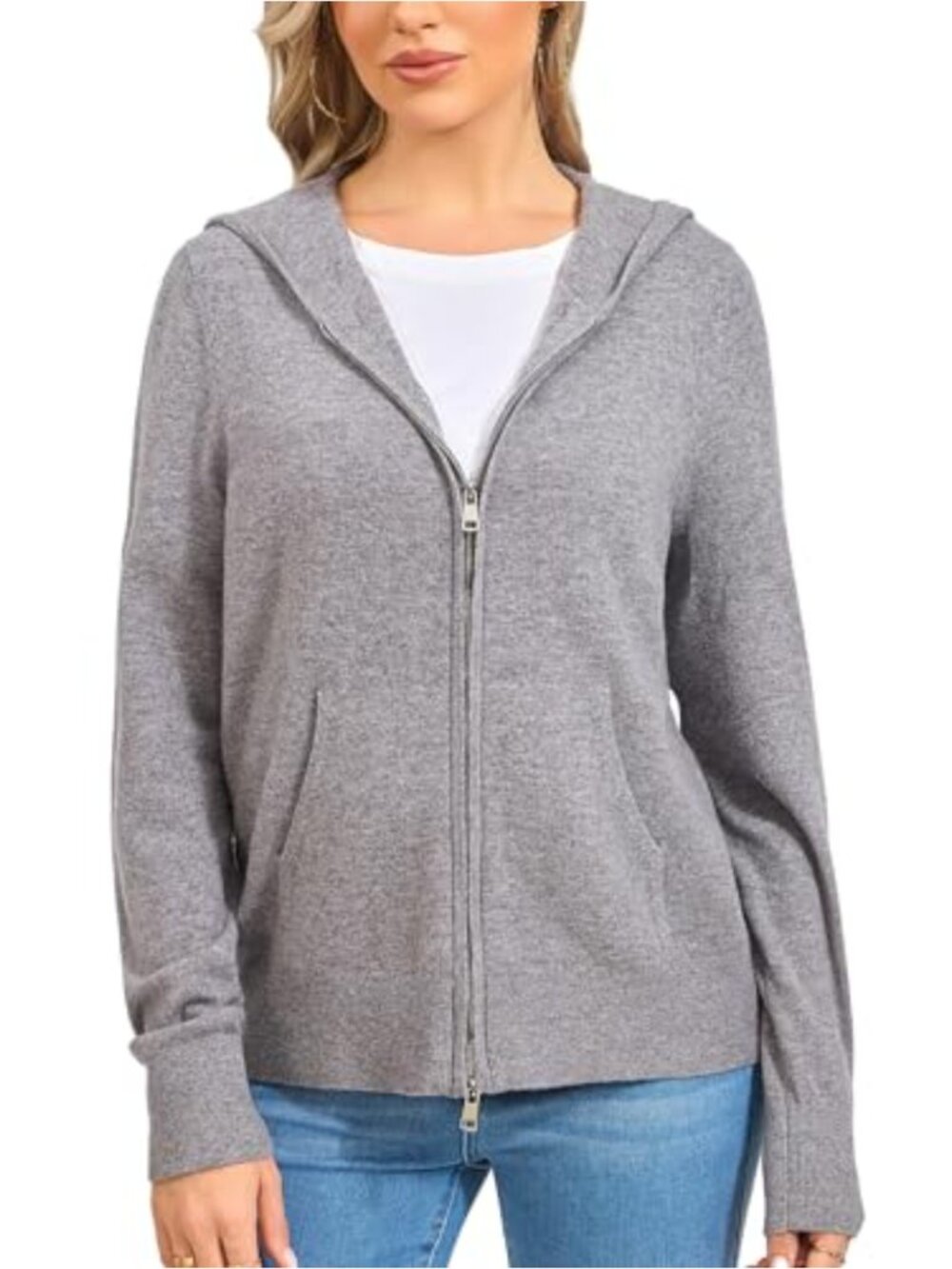 Merino Wool Hooded Cardigan Sweater Women Two Way Zip Pockets